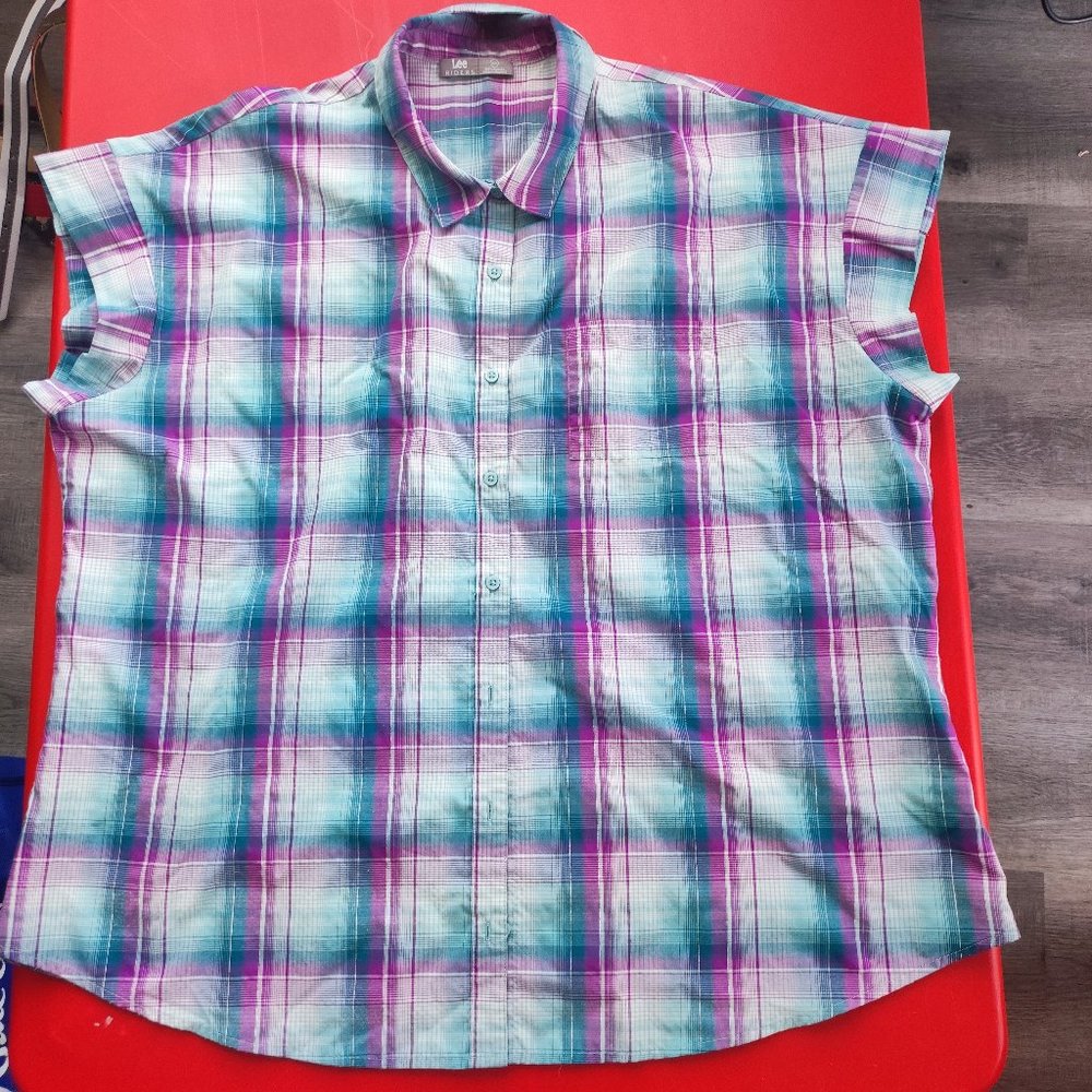 Lee Riders western button down sleeveles shirt blue purple plaid women's siz 2X
